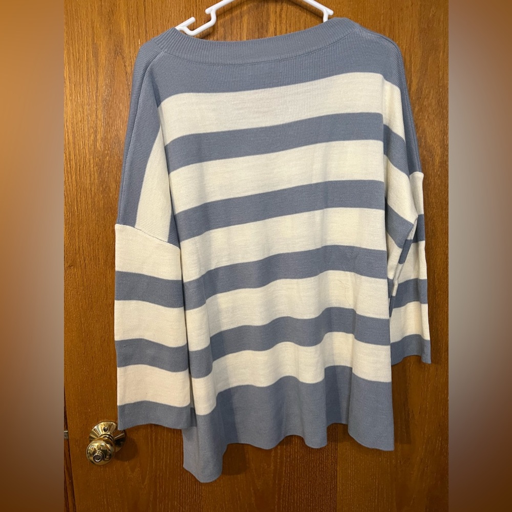 OLIVE SCENT  Women'sV-Neck Sweater‎ LIGHT BLUE AND WHITE STRIPED NWOT med - Picture 3 of 4